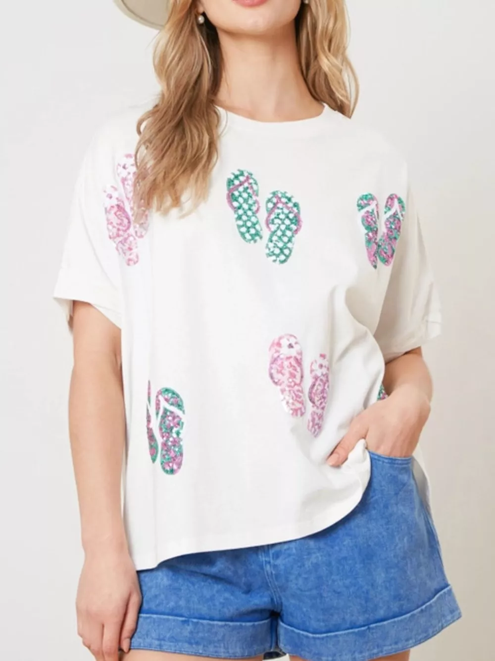 Flip-Flop Print Round Neck Casual T-Shirt, image 2