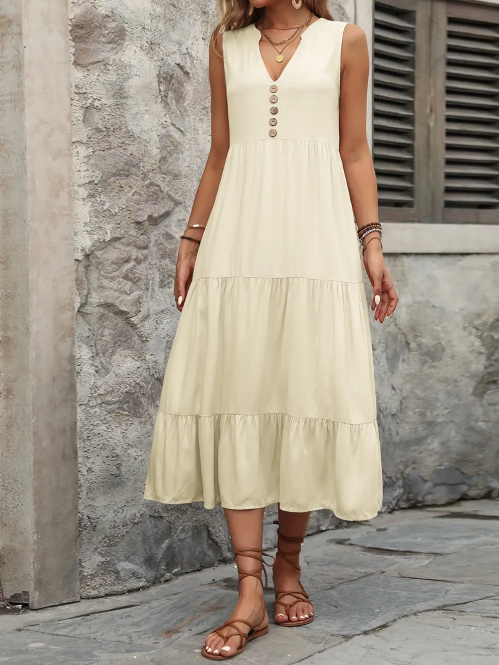 Decorative Button Notched Sleeveless Dress, image 27