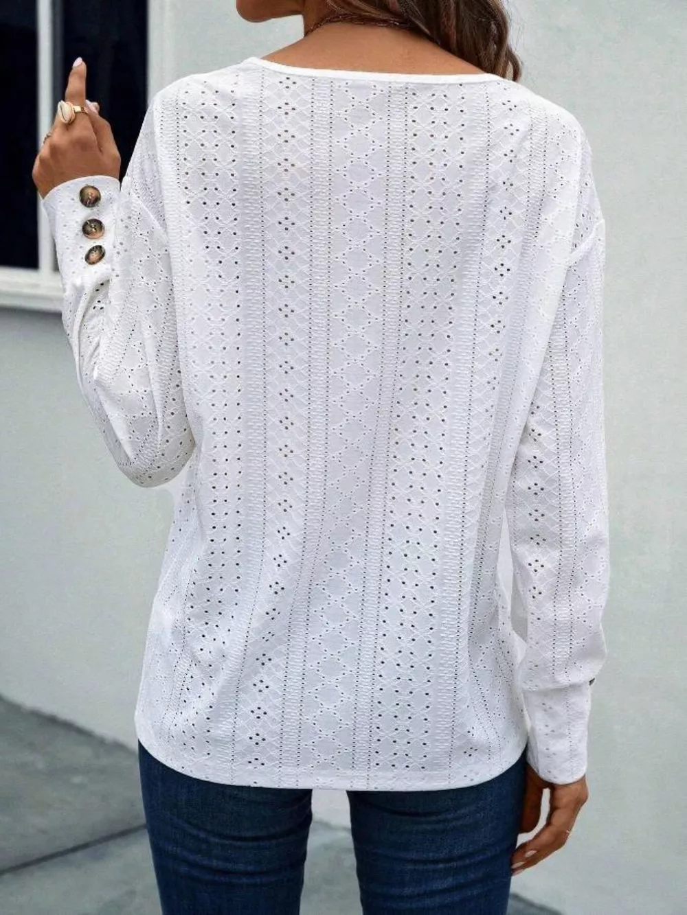 Eyelet V-Neck Long Sleeve T-Shirt, image 19