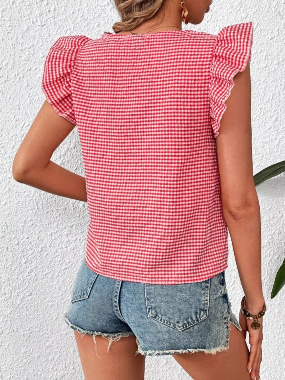 Gingham Ruffle Sleeve Square Neck Blouse, image 26