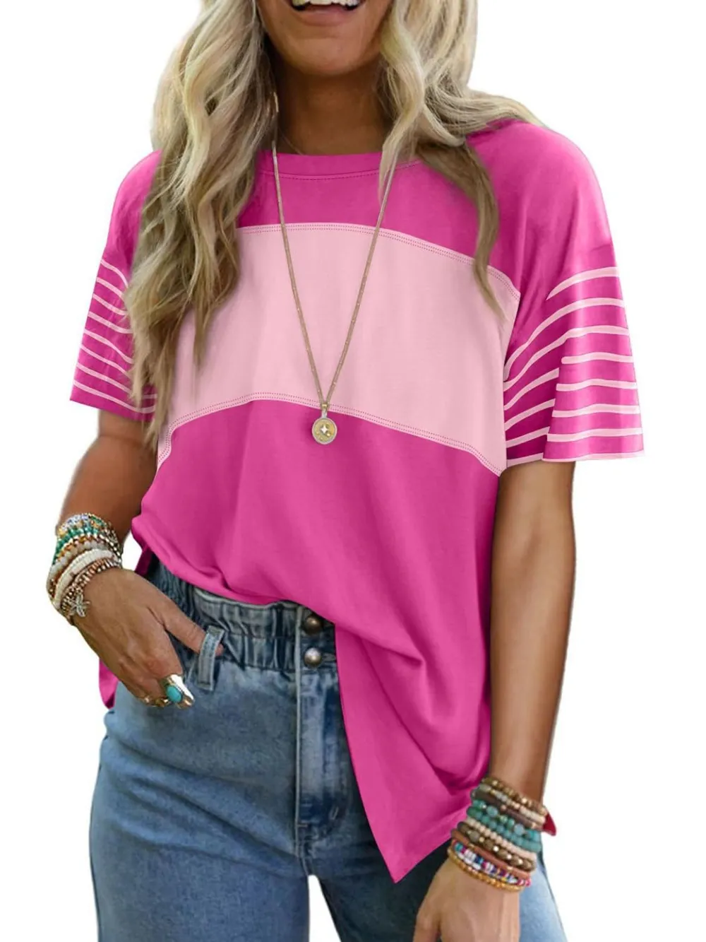 Color Block Striped Sleeve Casual T-Shirt, image 15