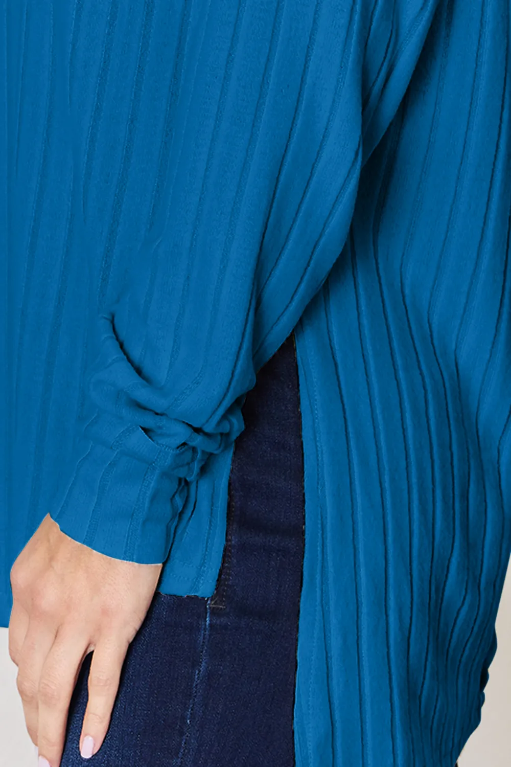 Full Size Ribbed Round Neck Slit T-Shirt, image 32