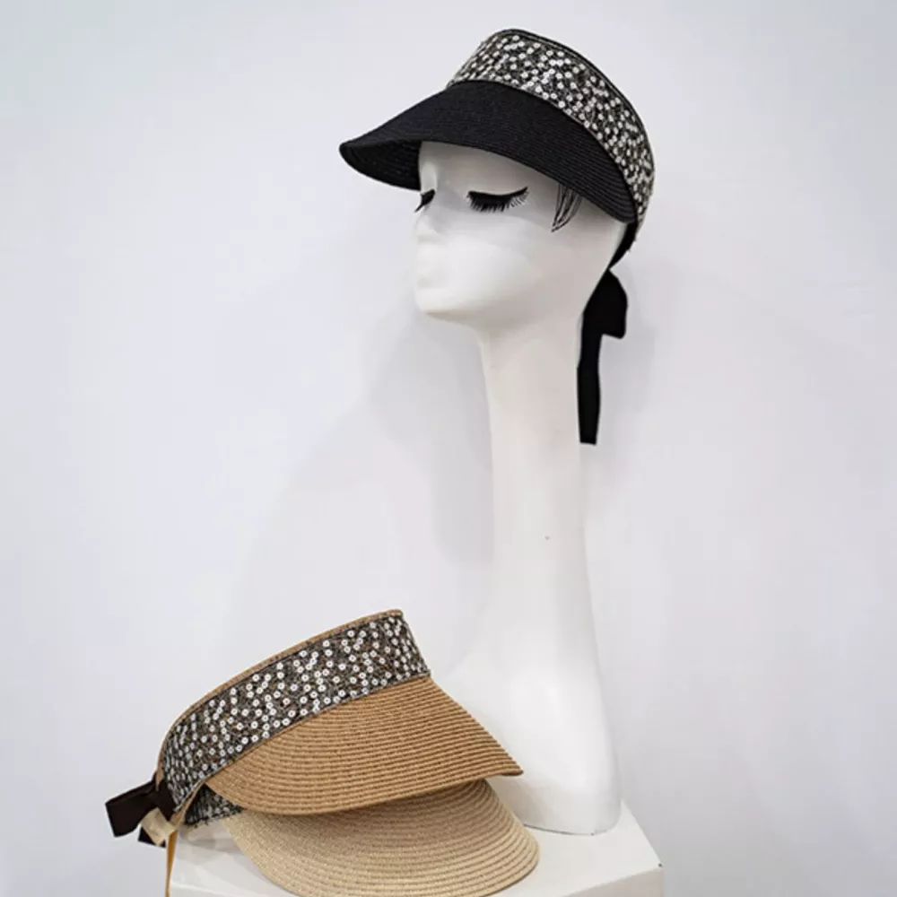 Sequined Visor Sun Hat with Ribbon Tie, image 3