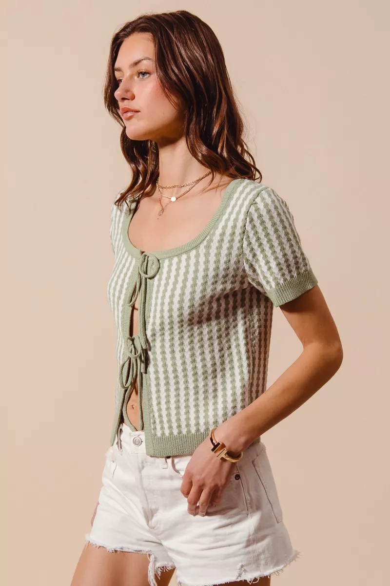 Tie Front Textured Vertical Stripe Knit Cardigan, image 9