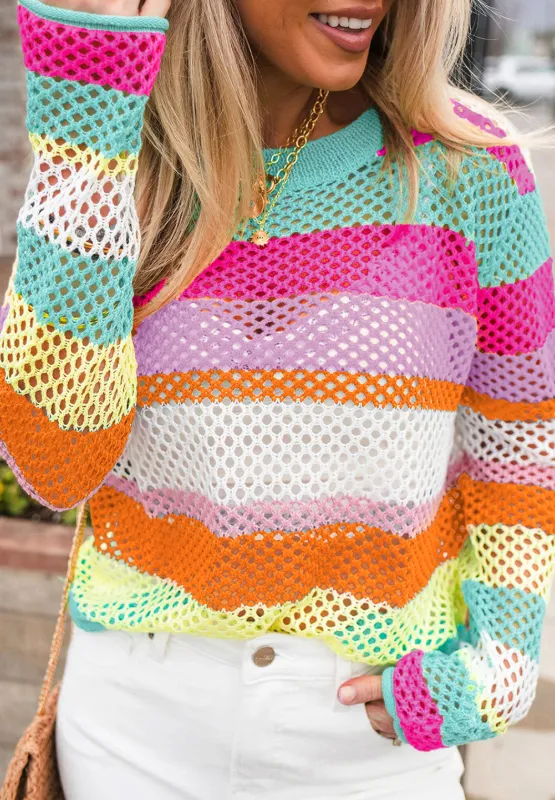 Openwork Contrast Striped Round Neck Knit Top, image 10