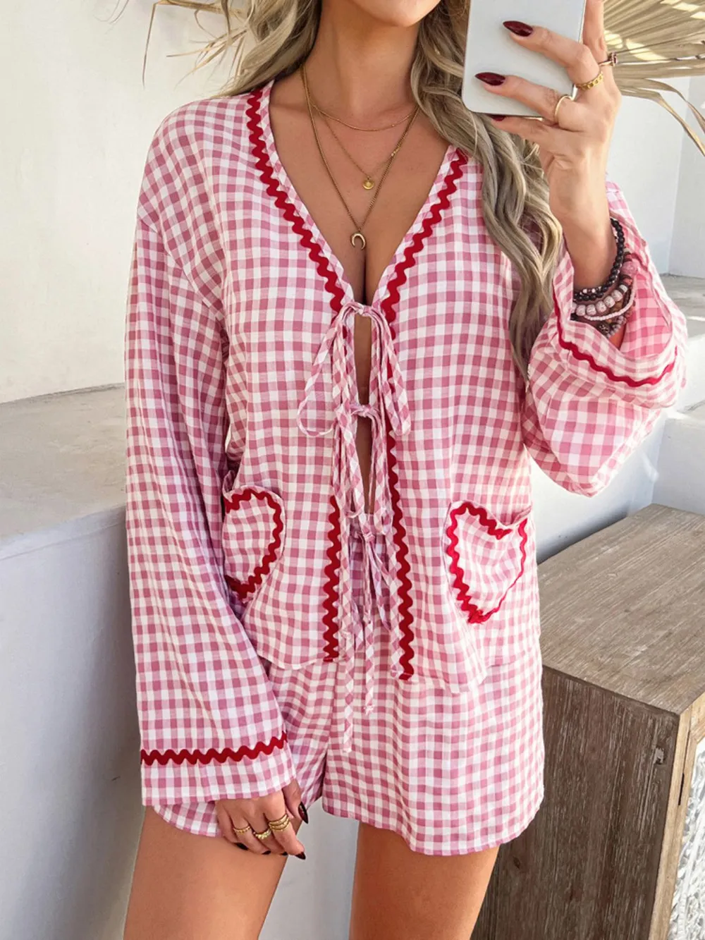 Tie Front Contrast Plaid Shirt and Shorts Set, image 5