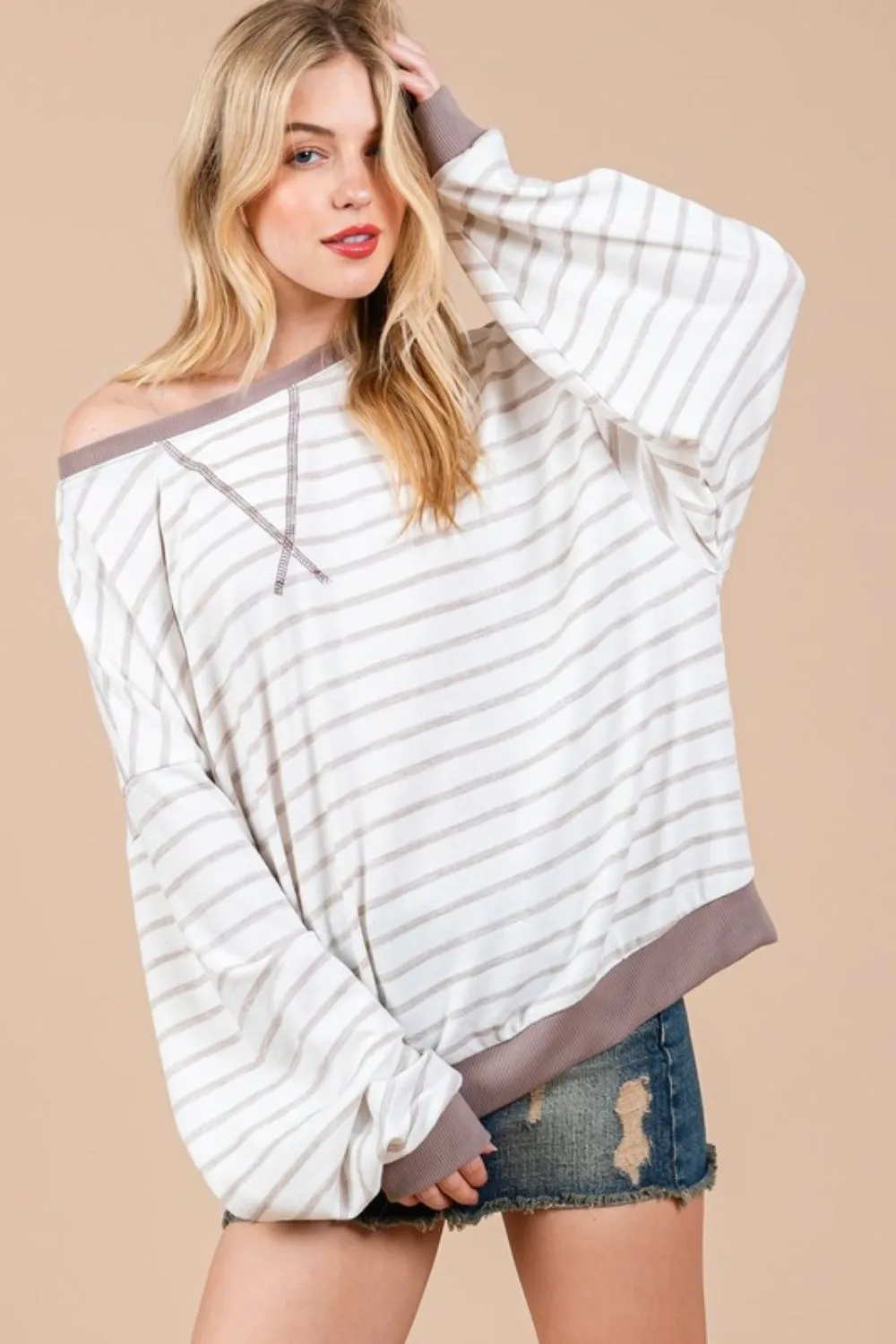 Ces Femme Striped Round Neck Drop Shoulder Sweatshirt, image 4
