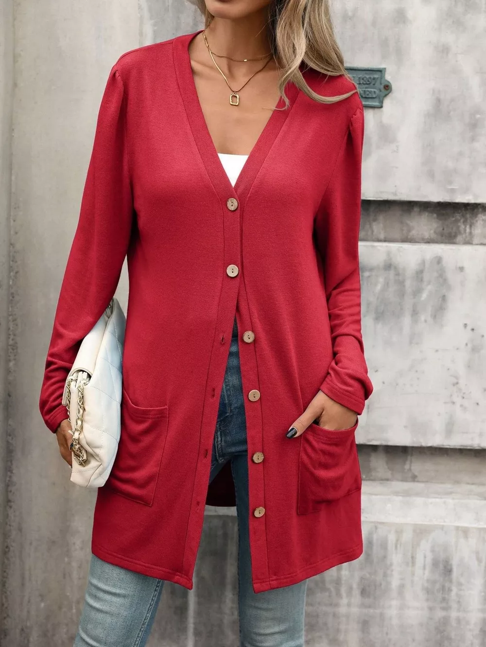 V-Neck Button-Up Long Sleeve Cardigan with Pockets, image 14