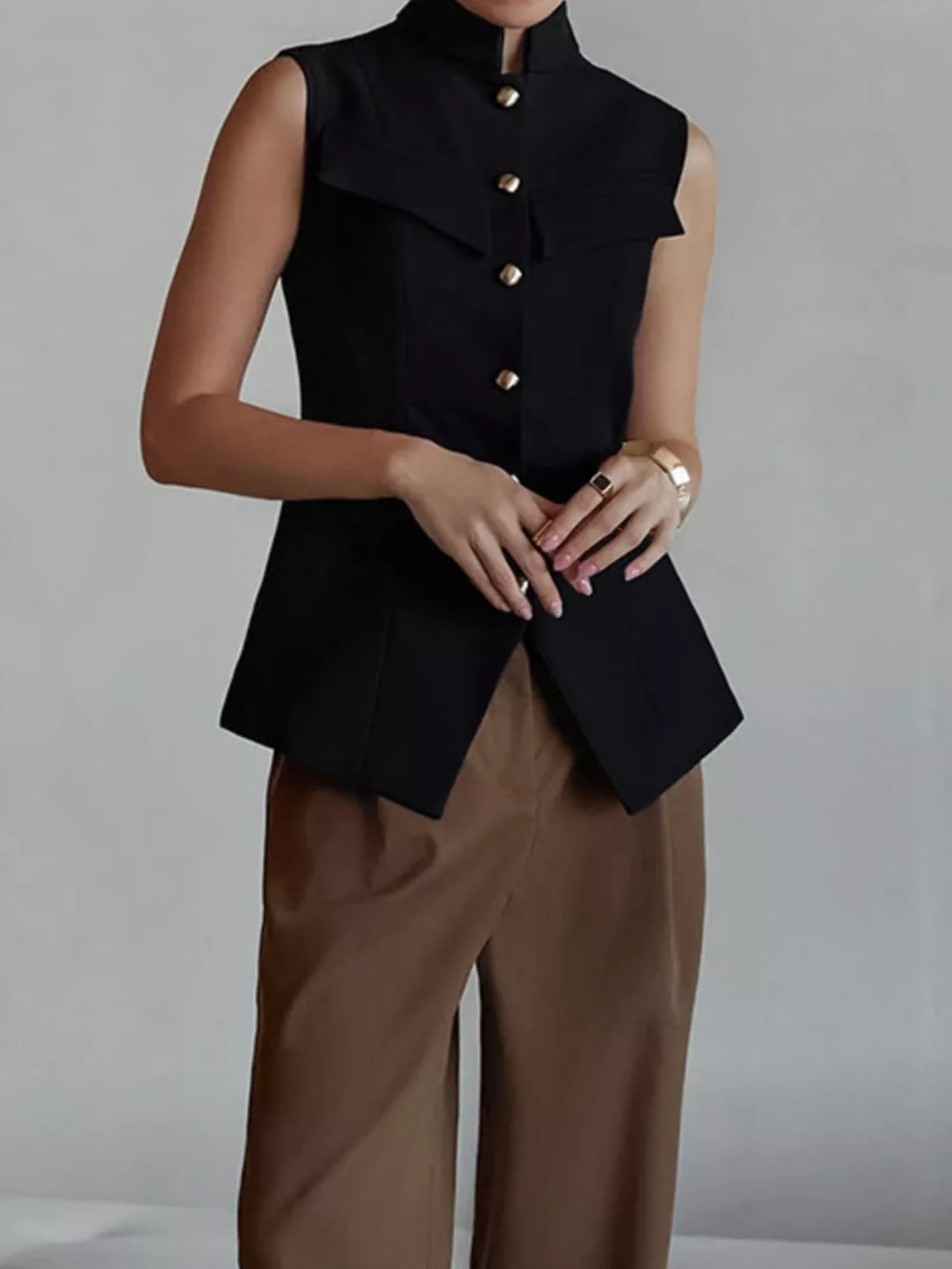 Stand Collar Button-Down Vest Coat, image 4
