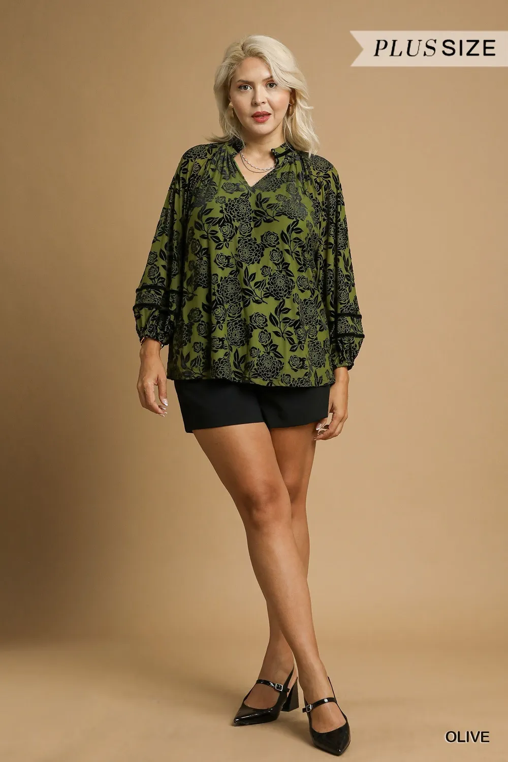 Full Size Floral Velvet Blouse with Balloon Sleeves Plus Size, image 9