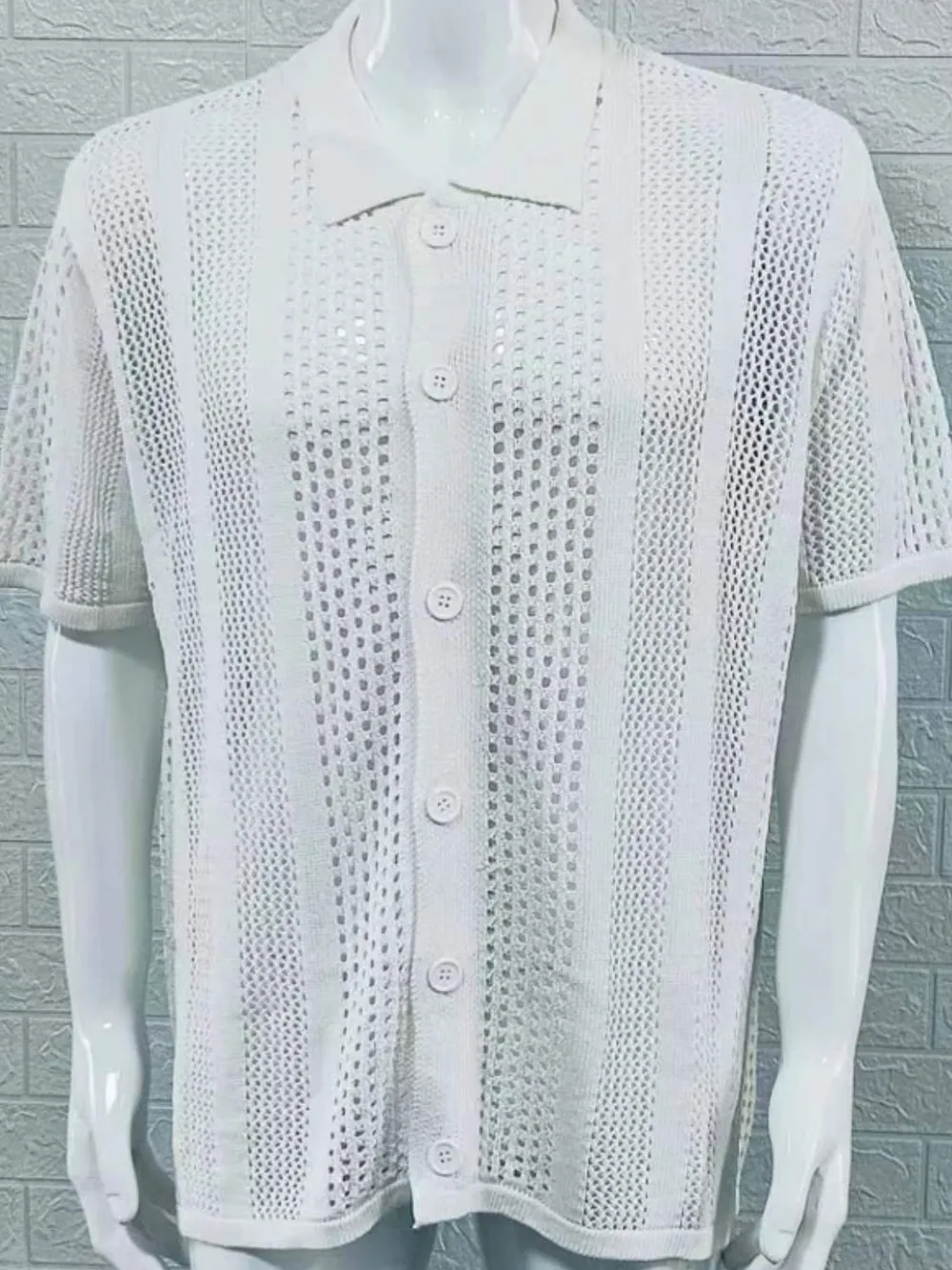 Men's Button Down Collared Neck Hollow Out Shirt, image 7