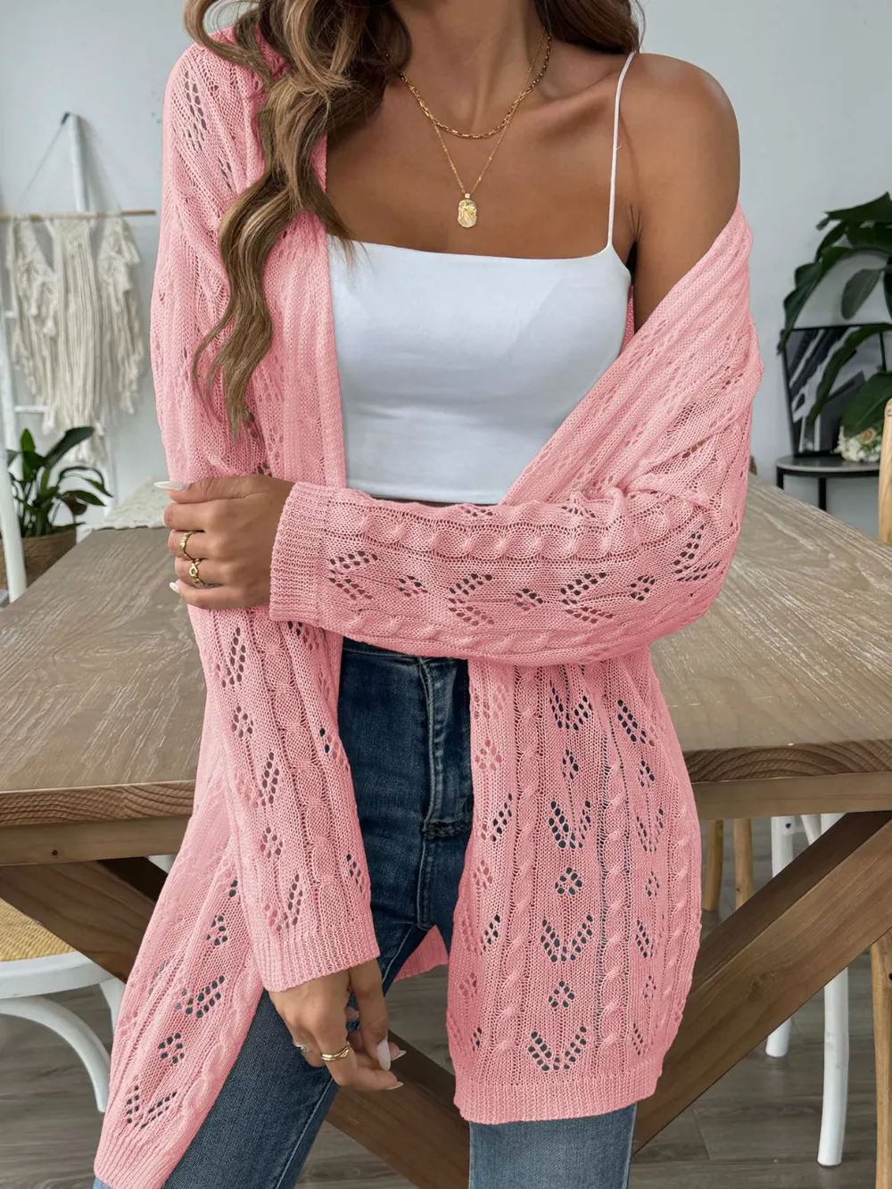 Openwork Open Front Long Sleeve Cardigan, image 9
