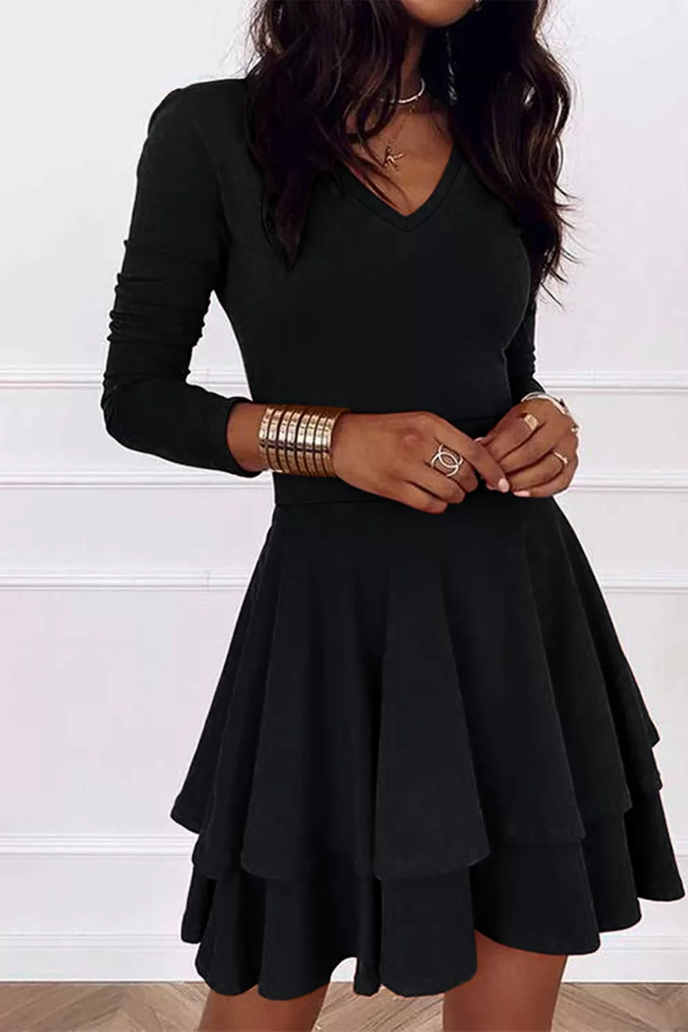 Layered Long Sleeve V-Neck Mini Dress, image 14