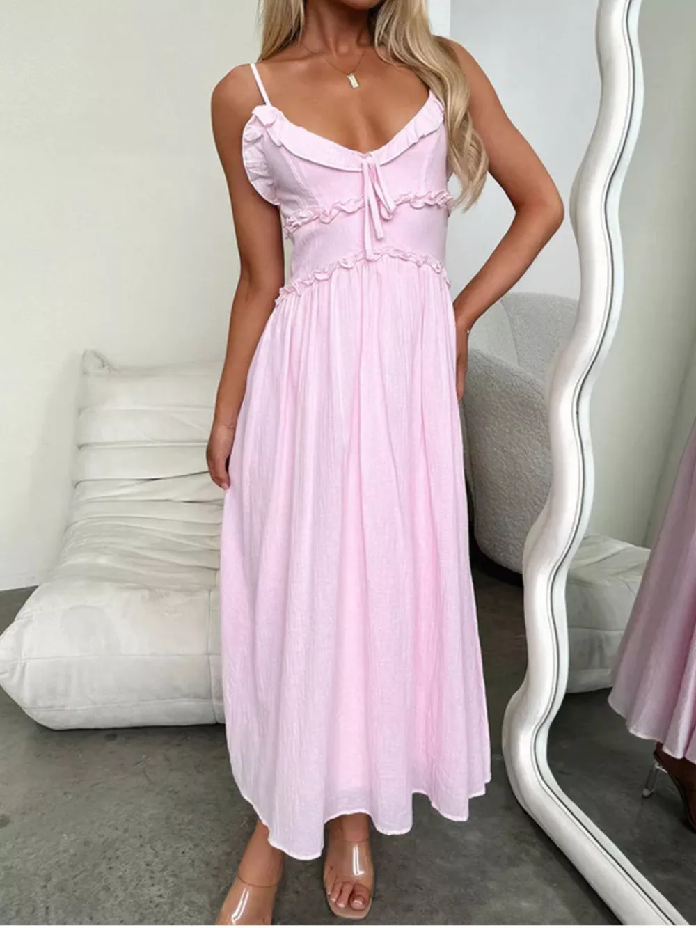 Ruffled Trimmed Spaghetti Strap Midi Dress, image 3