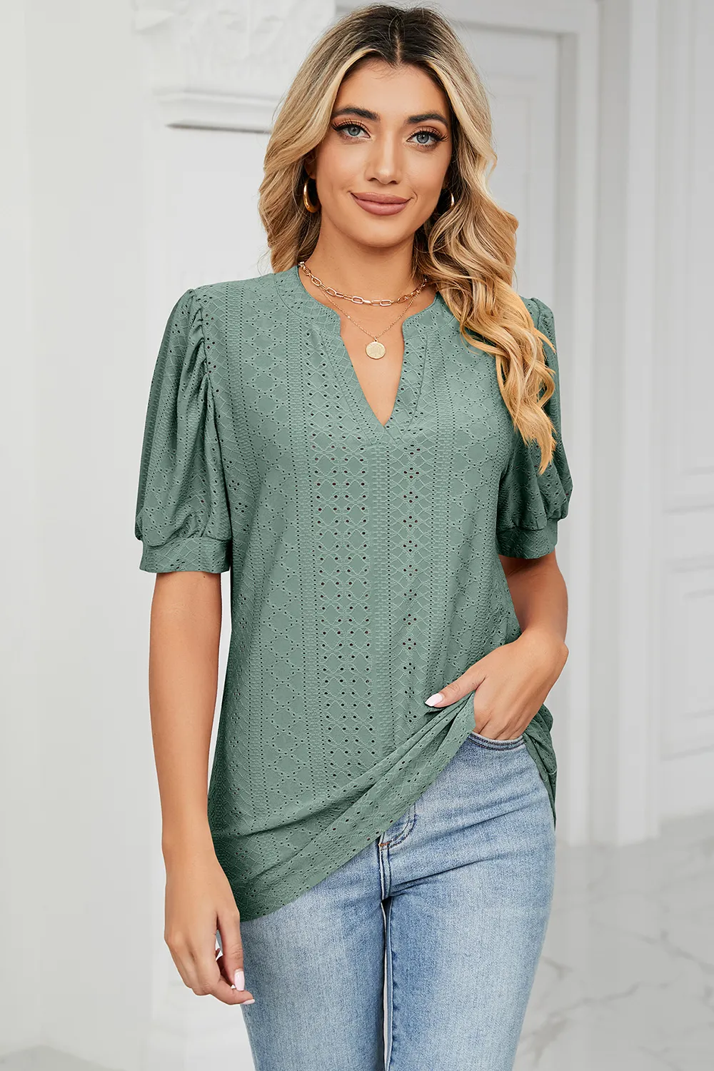 Eyelet Notched Short Sleeve T-Shirt, image 19