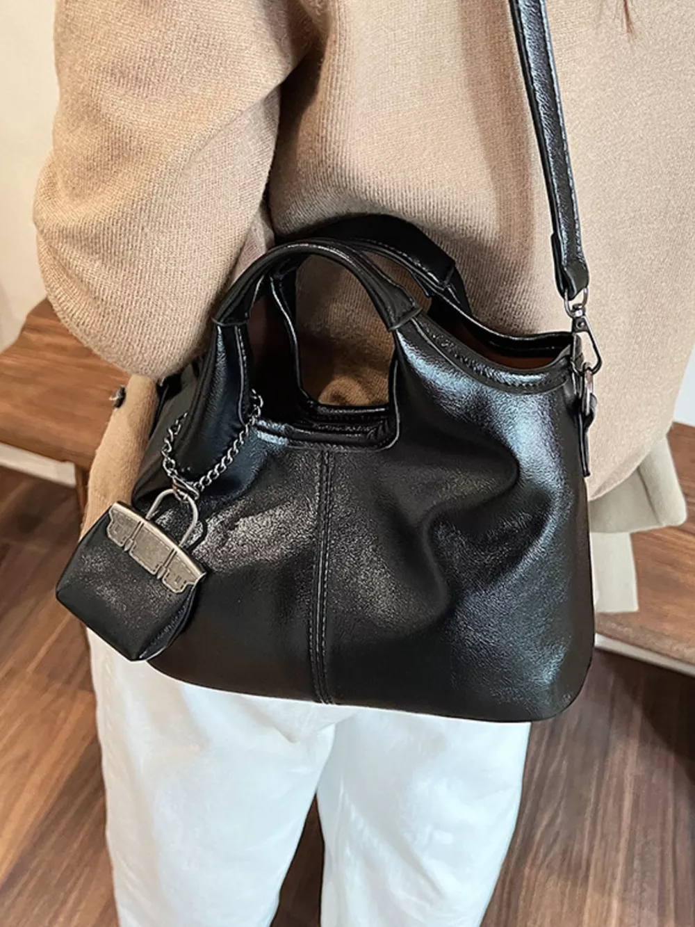 Leather Crossbody Bag with Charm, image 4