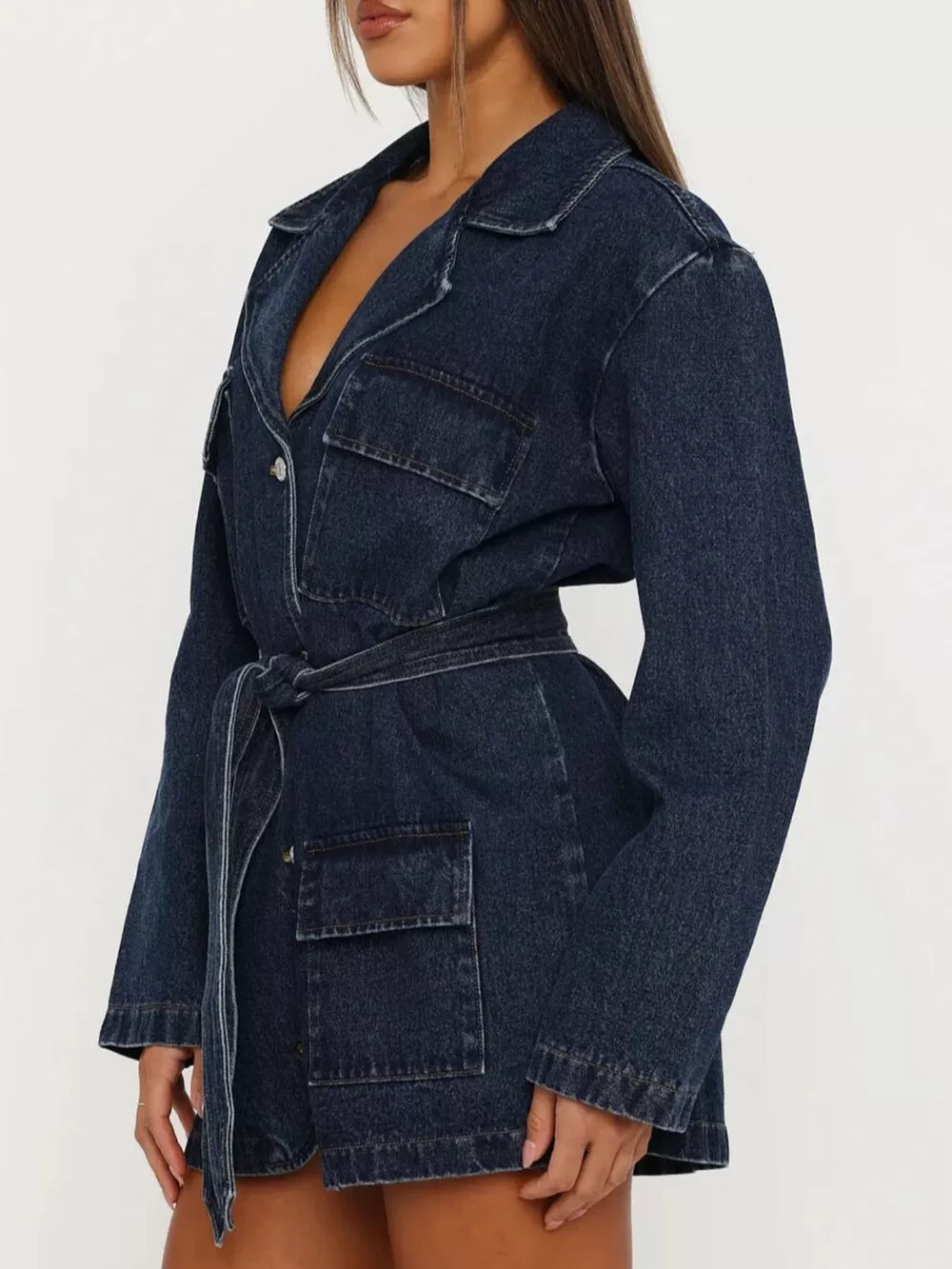 Long Sleeve Longline Denim Jacket with Belt, image 3