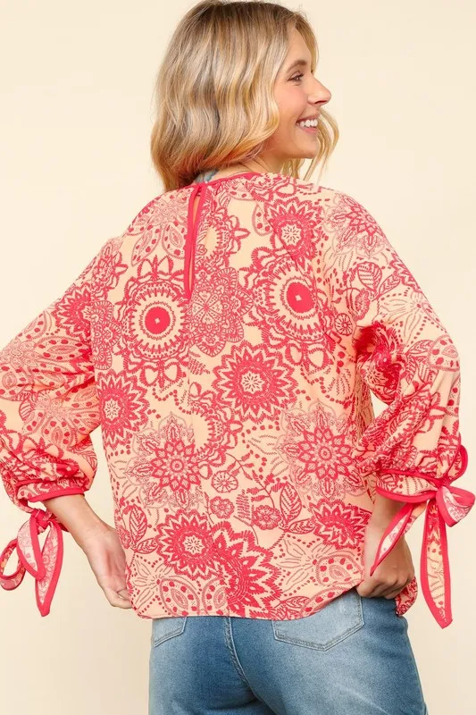 Ribbon Bow Detail Floral Round Neck Blouse, image 2