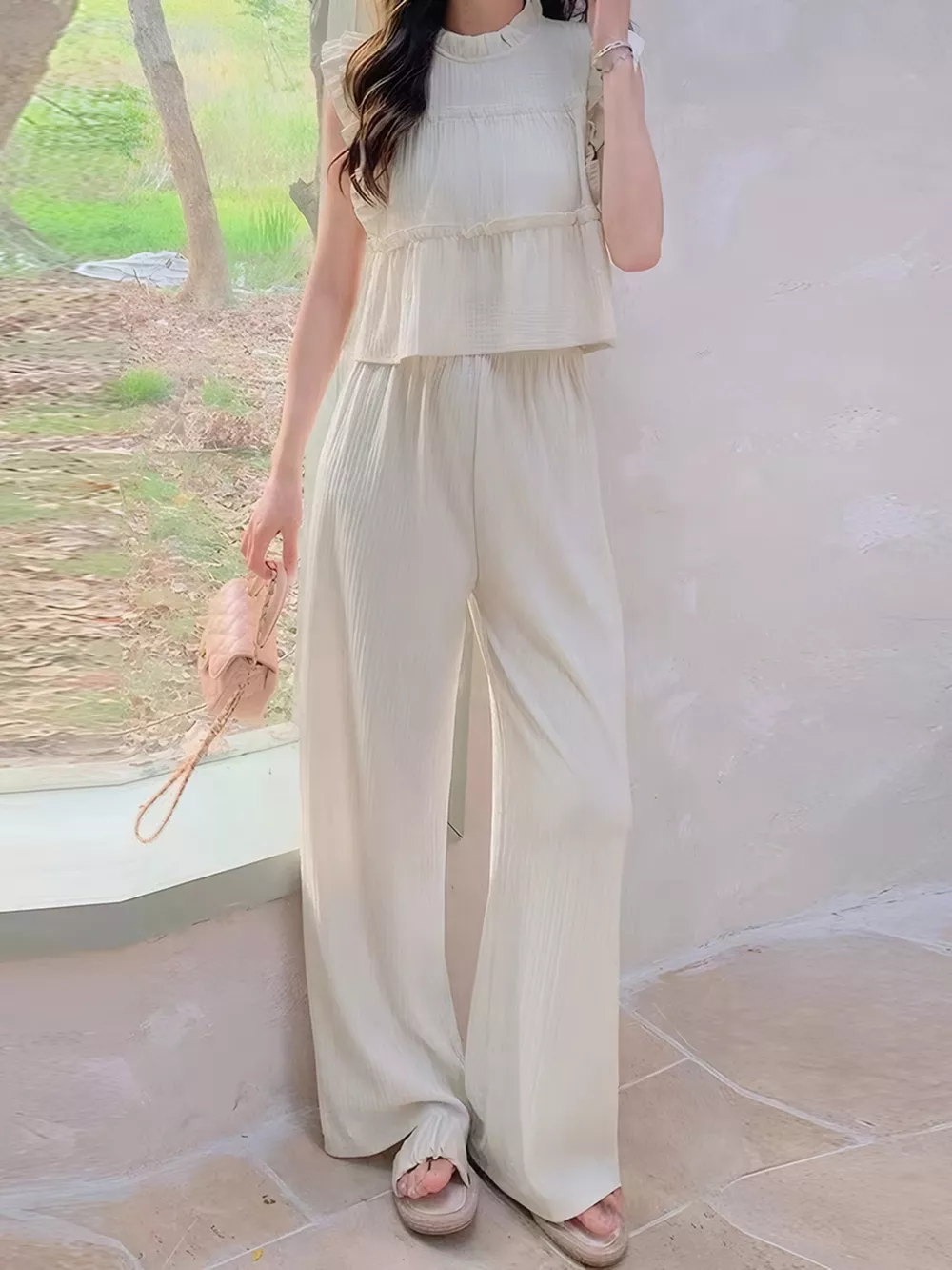 Ruffled Sleeveless Top and Wide Leg Pants Set