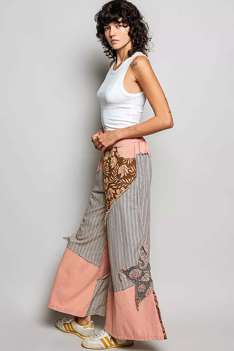 Striped Floral Patchwork Wide leg Pants with Side Big Star Patch, image 7
