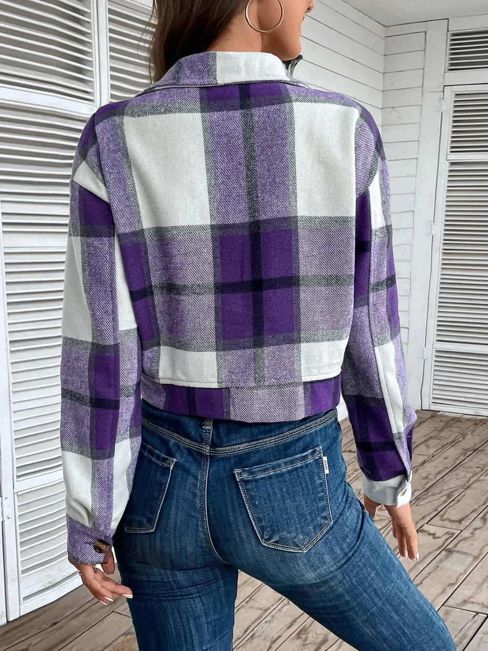 Plaid Button Up Drop Shoulder Cropped Jacket, image 31