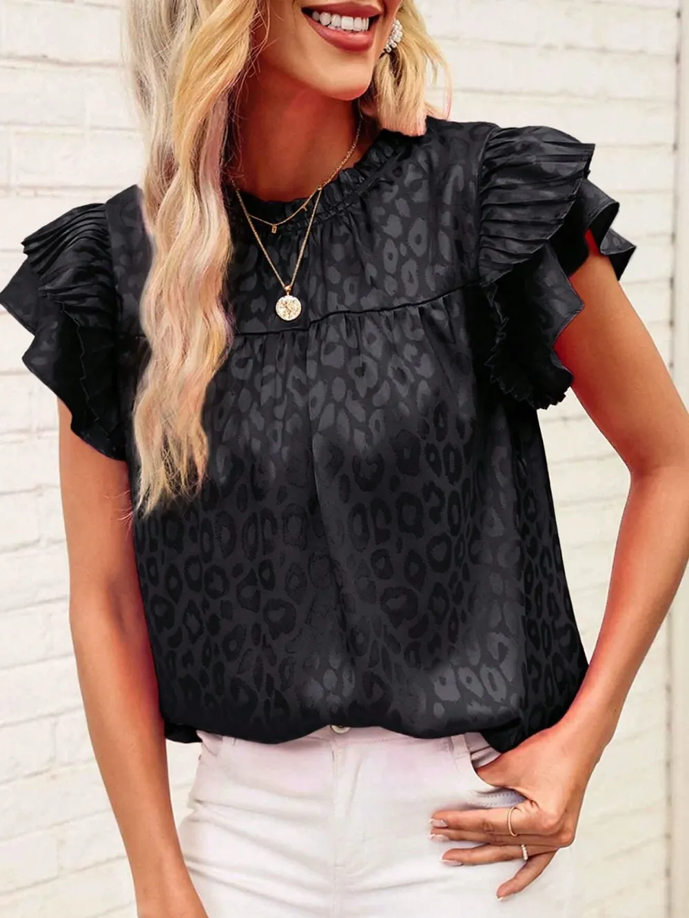 Leopard Frill Mock Neck Ruffled Cap Sleeve Top, image 7