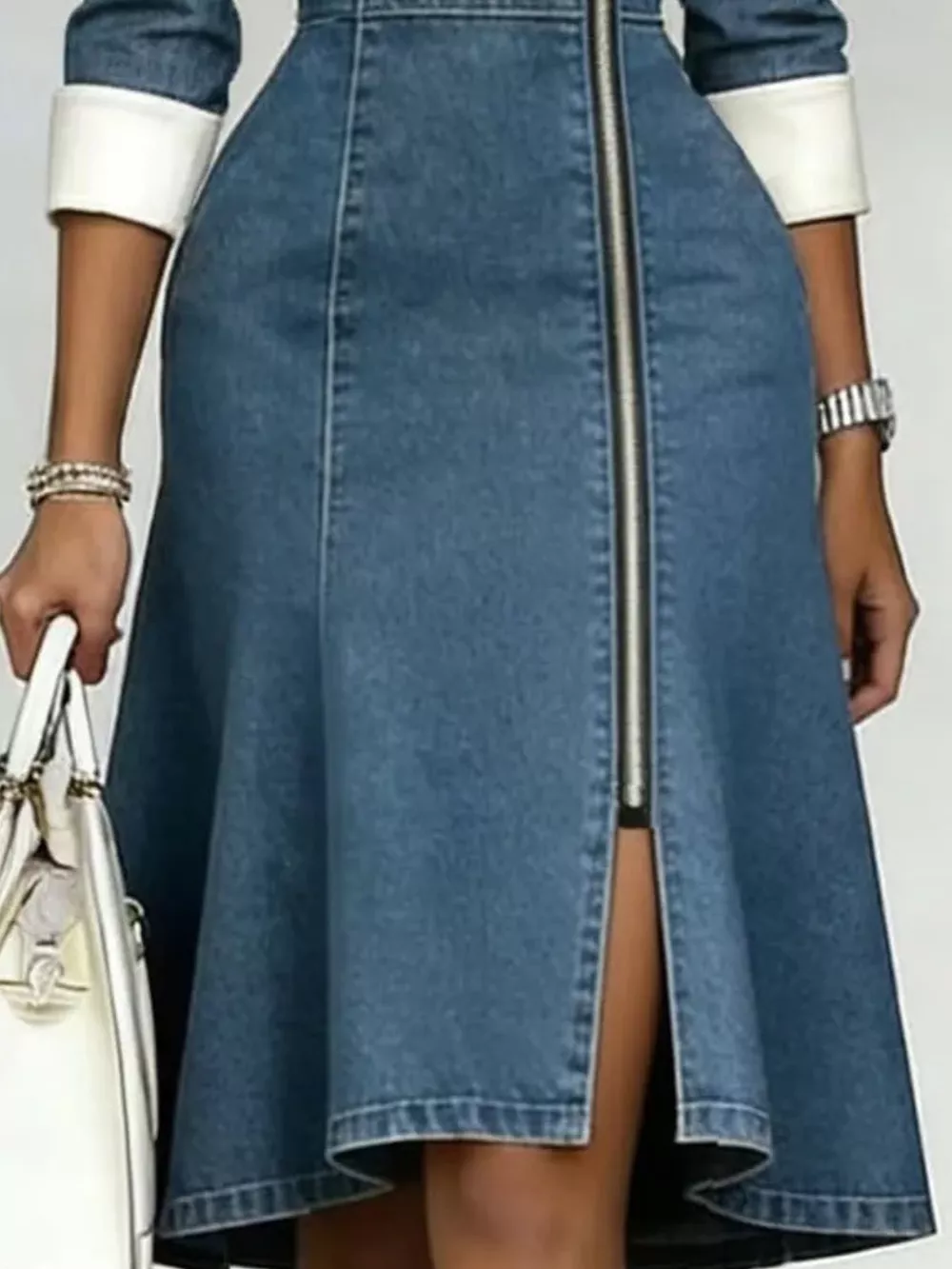 Full Size Contrast Lapel Zip-Front Denim Dress Plus Size, image 3