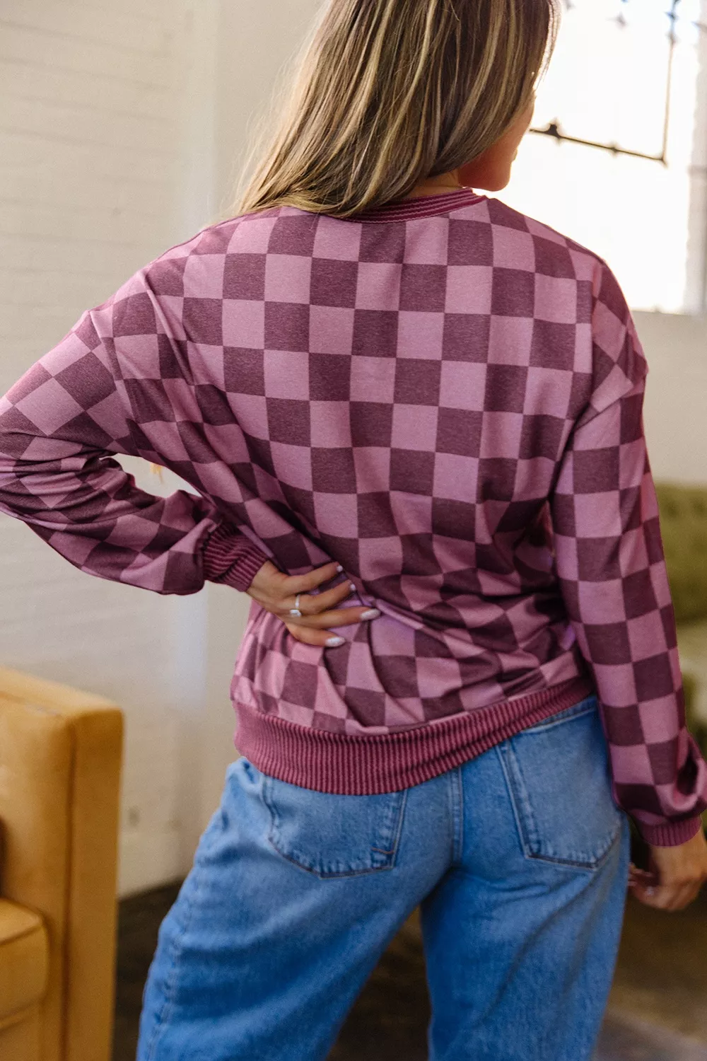 Ribbed Trim Checkered Print Long Sleeve Pullover Top, image 6