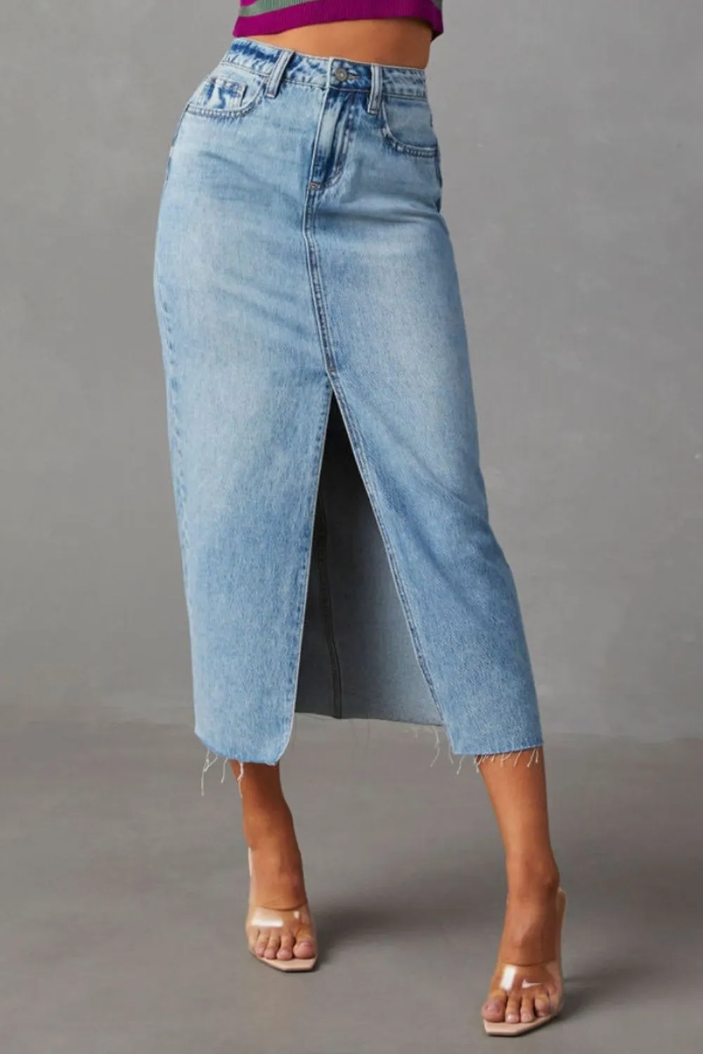 Slit Raw Hem Midi Denim Skirt, image 5