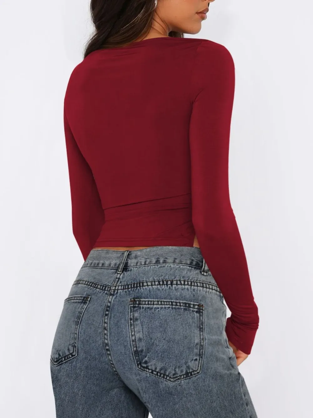 Tied Slit Round Neck Long Sleeve T-Shirt, image 15