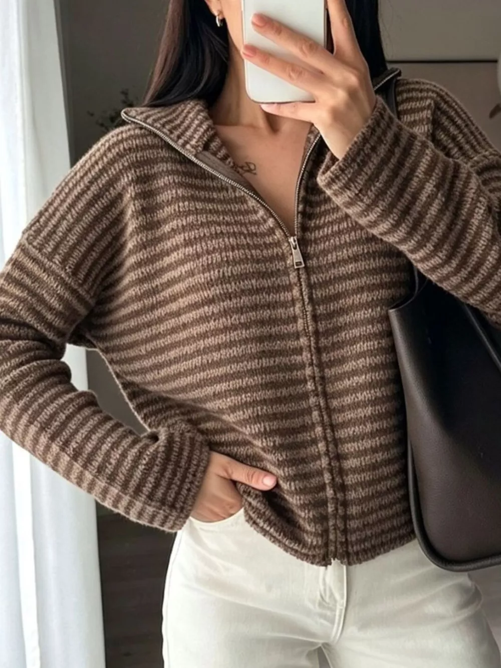 Striped Zip-Up Knit Cardigan, image 10