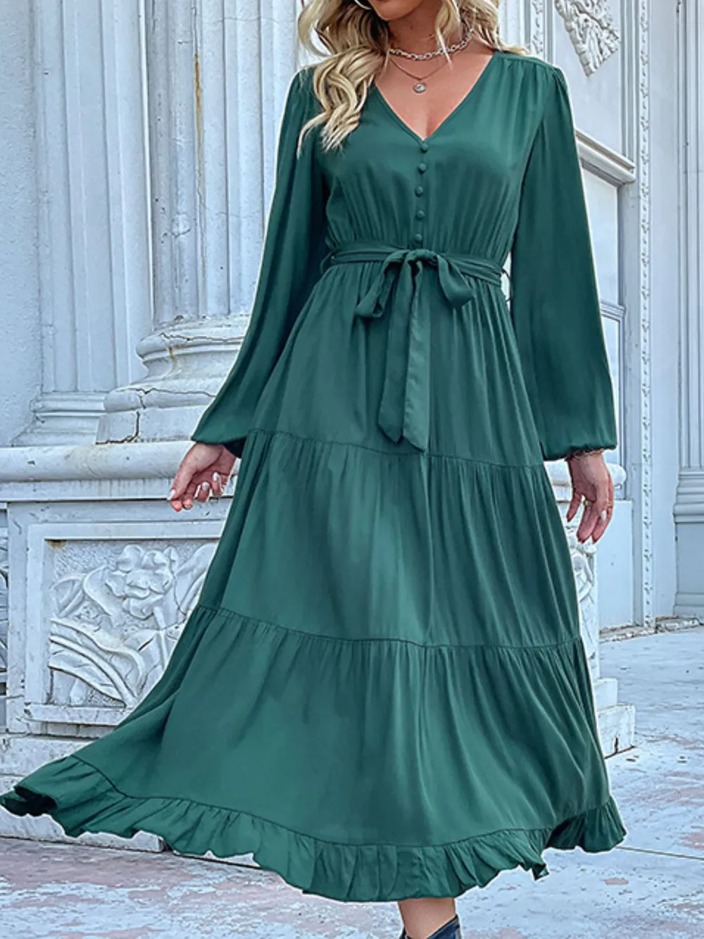 Ruffled Hem V-Neck Balloon Sleeve Dress, image 32