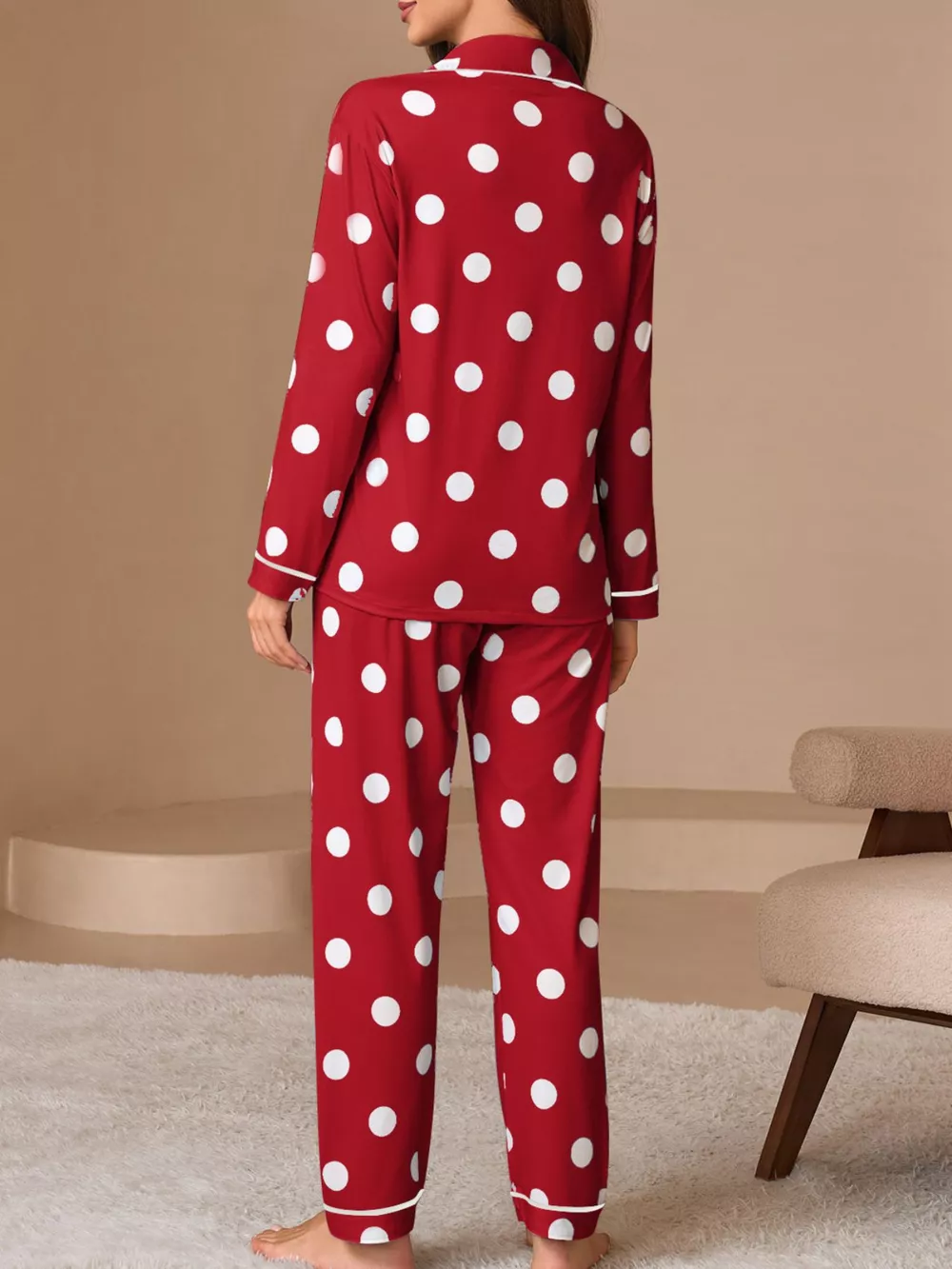 Polka Dot Button-Down Top and Pants Lounge Set, image 4