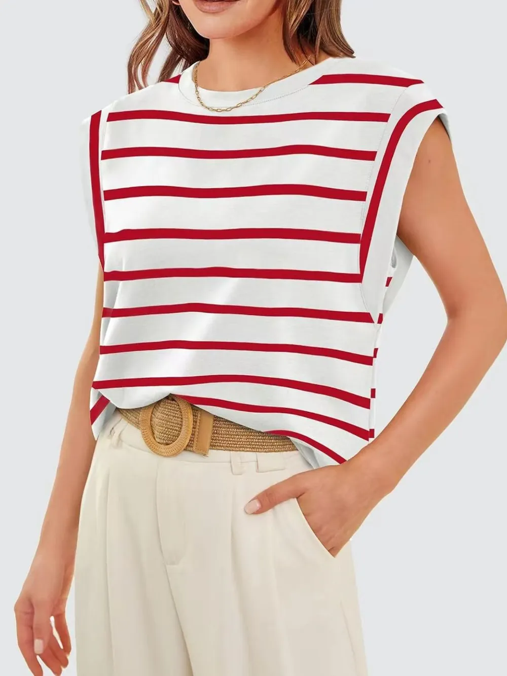 Striped Round Neck Cap Sleeve T-Shirt, image 19