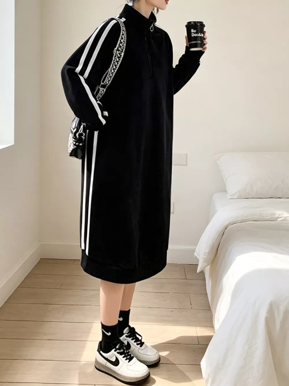 Casual Quarter‑Zip Mock Neck Side Stripe Midi Sweatshirt Dress, image 2