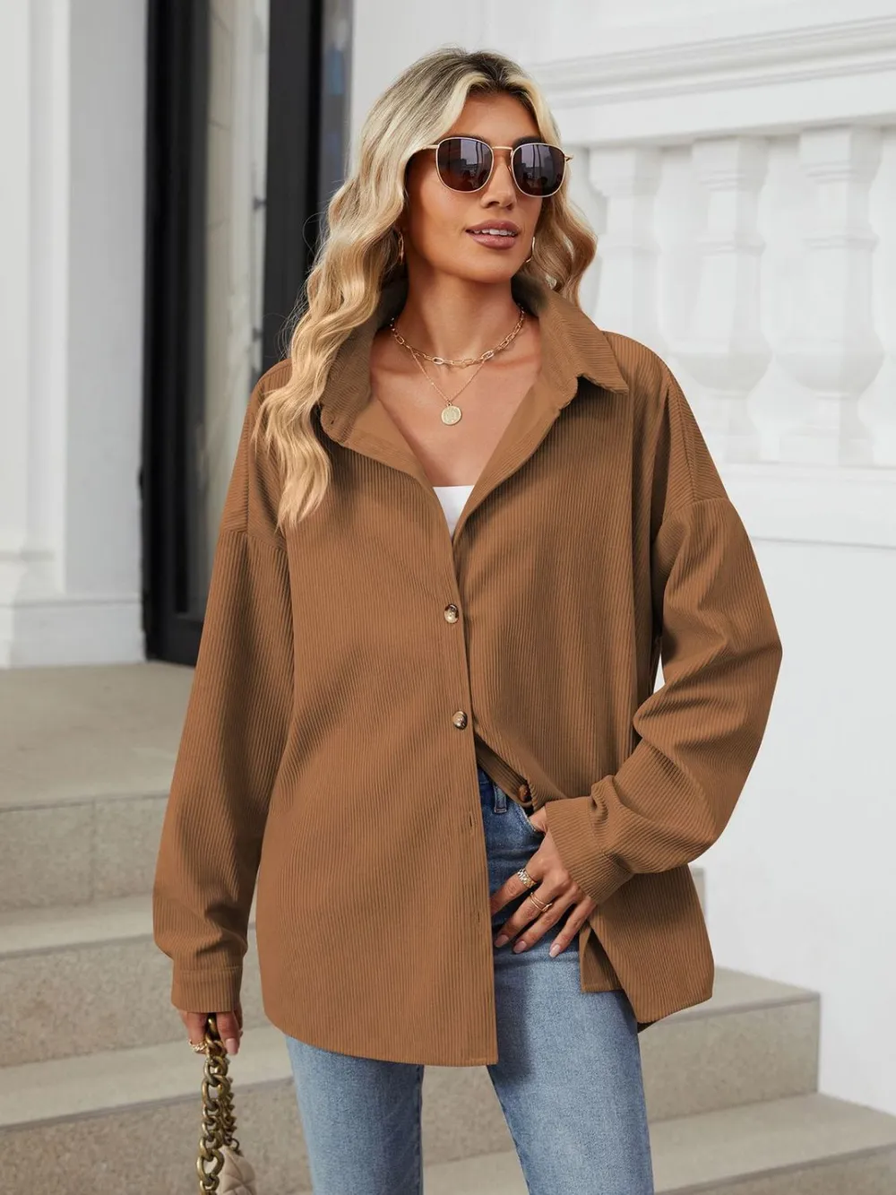 Collared Neck Long Sleeve Dropped Shoulder Shirt, image 2