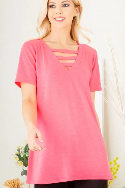 Full Size V-Neck Short Sleeve T-Shirt with Bar Detail Plus Size, image 5