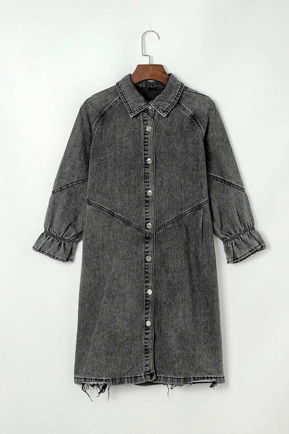 Distressed Collared Neck Flounce Sleeve Denim Dress, image 18