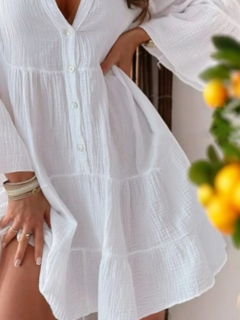 Button Detail Notched Long Sleeve Dress, image 7
