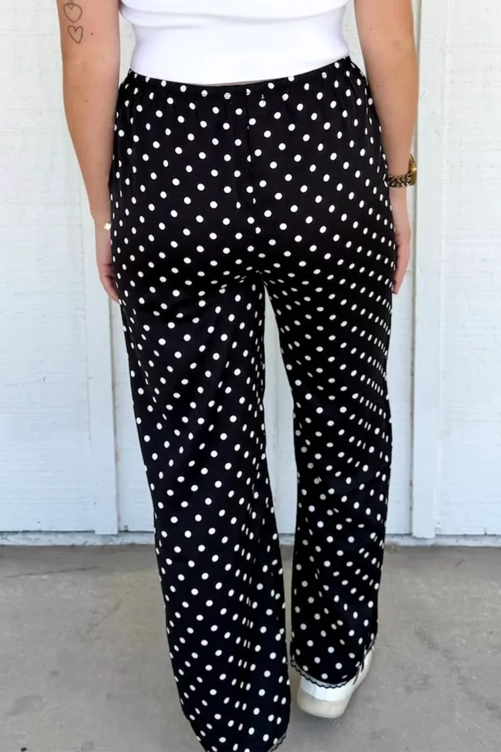 Polka Dot Print Elastic Waist Lace Hem Loose Pants, image 3