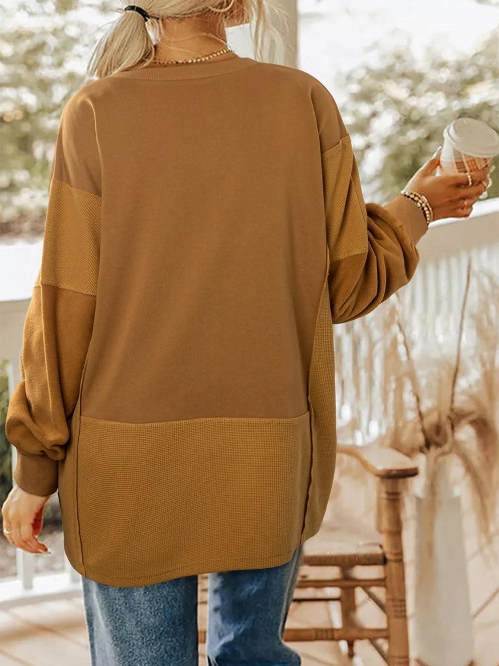 Oversized Textured Split Neck High Low Sweatshirt, image 2