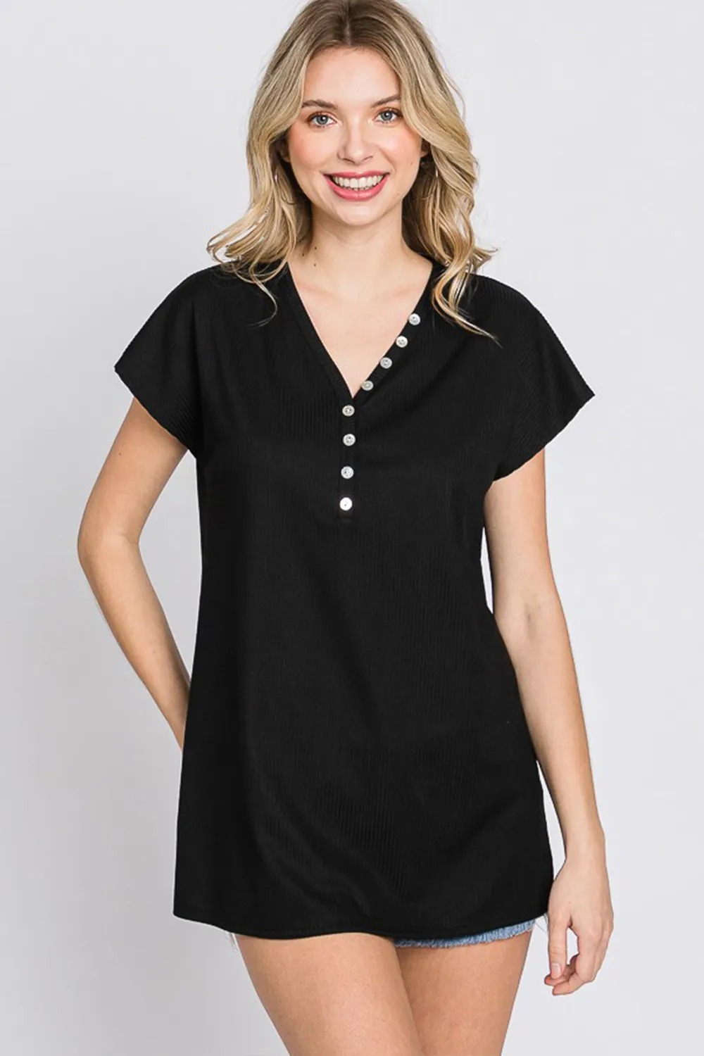 Full Size Front Button V-Neck Short Sleeve T-Shirt, image 4