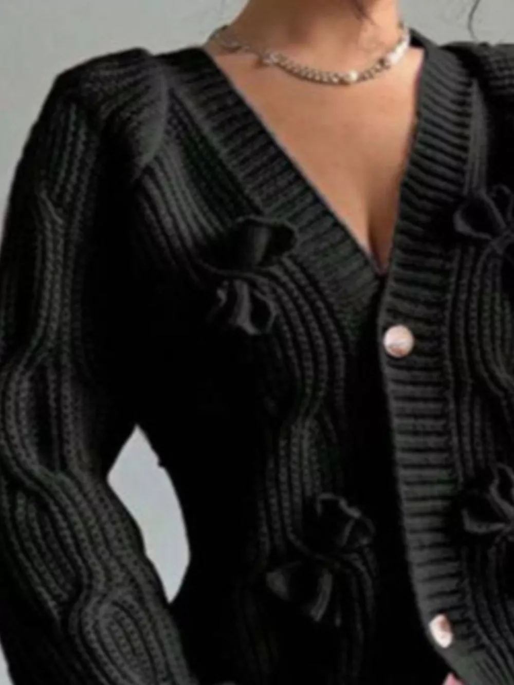 Bow Cable Knit V-Neck Cardigan, image 6