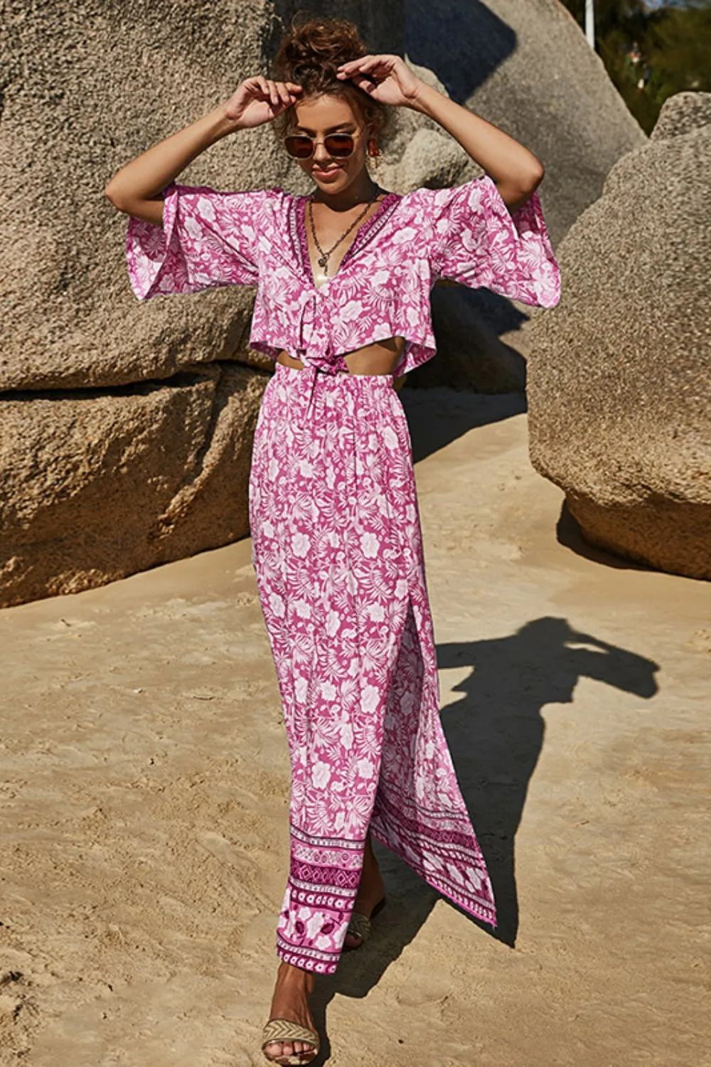 Printed Half Sleeve Top and Slit Skirt Set, image 25