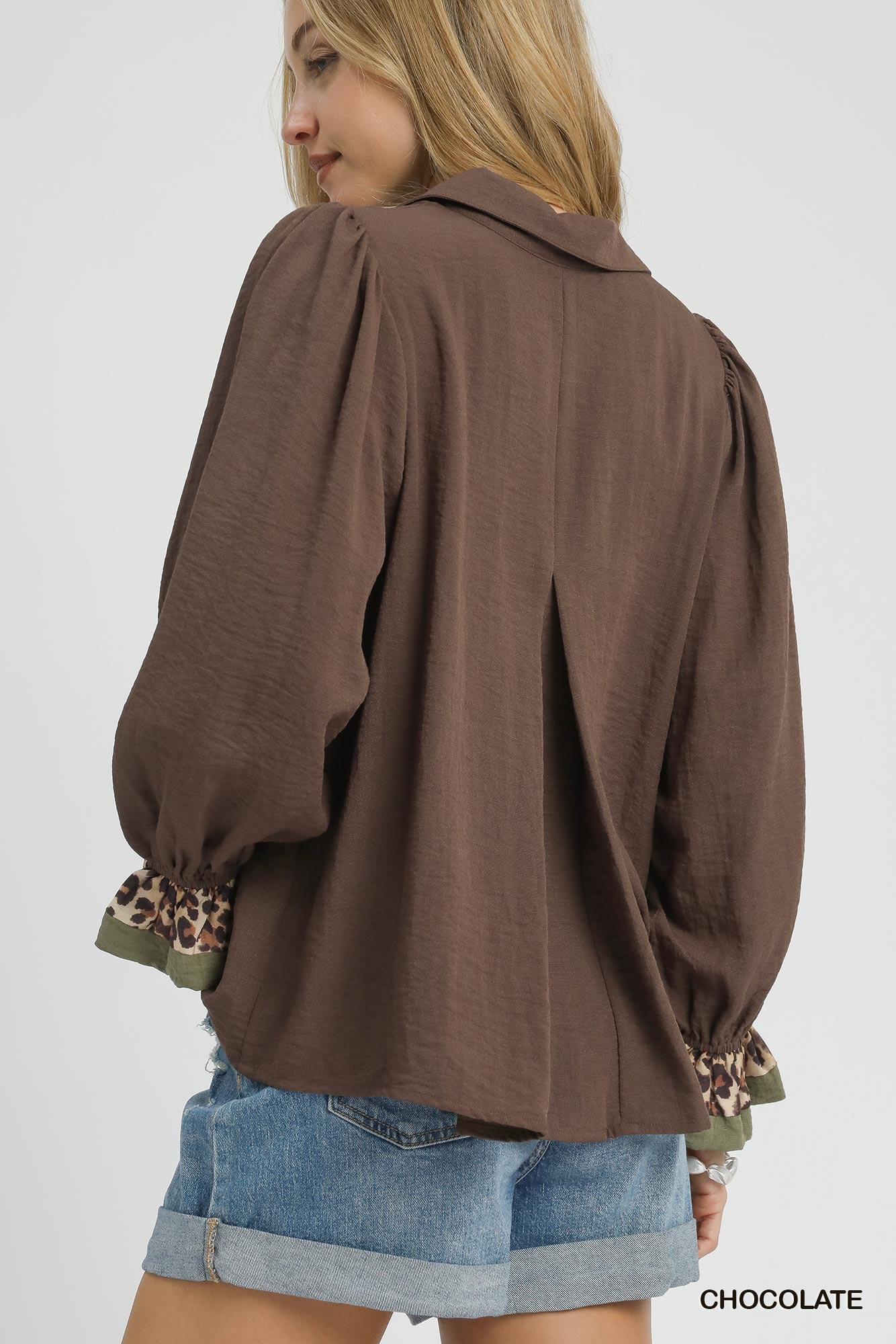 Half Button Blouse with Leopard Print Trim, image 5