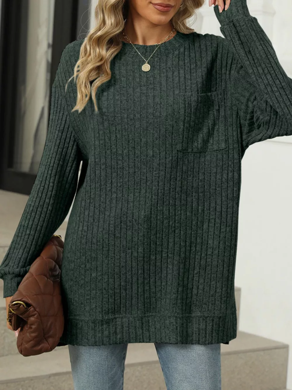 Ribbed Knit Round Neck Sweater, image 27
