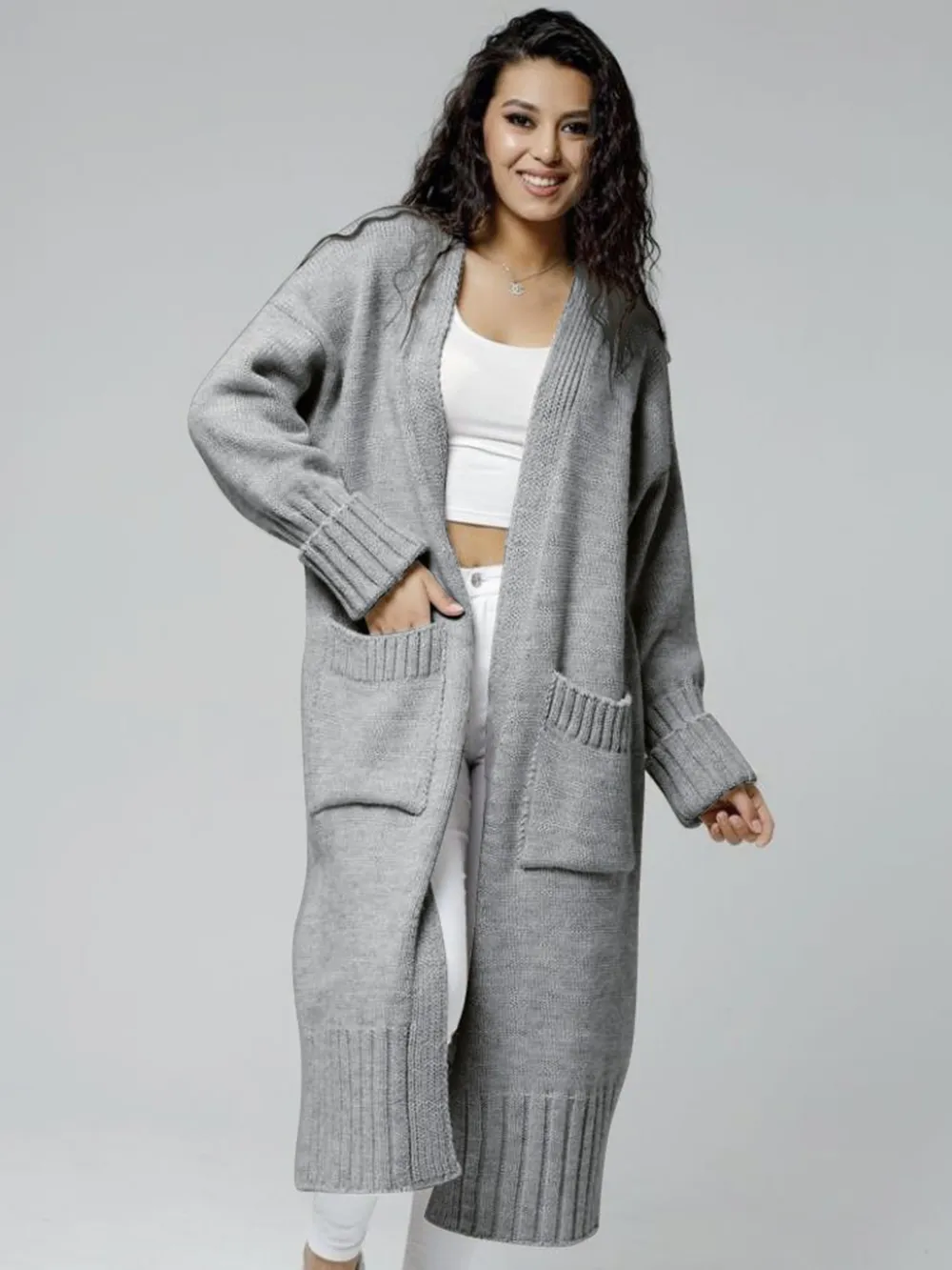 Pocketed Open Front Dropped Shoulder Cardigan, image 2