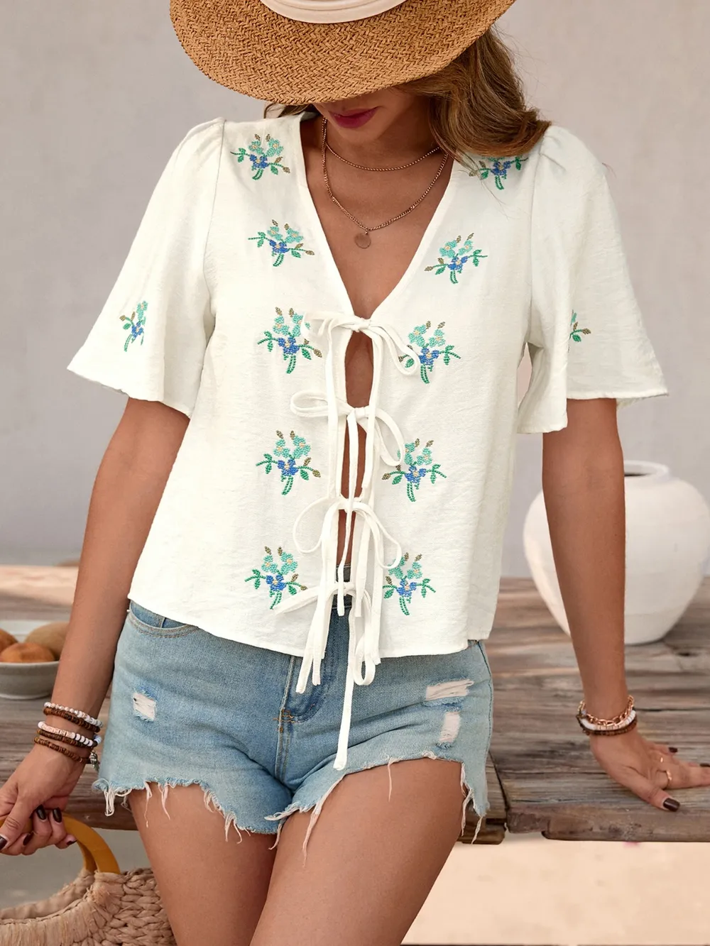 Embroidered V-Neck Short Sleeve Shirt, image 9