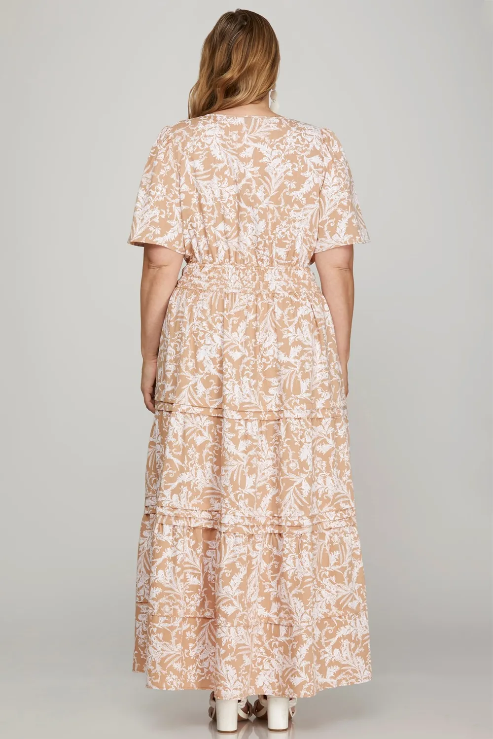 Printed Notched Woven Tiered Pintuck Maxi Dress with Side Pockets, image 5