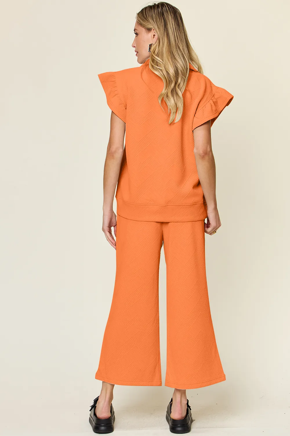 Texture Ruffle Short Sleeve Top and Drawstring Wide Leg Pants Set, image 34